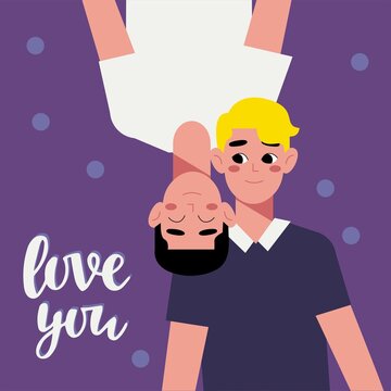 Multiethnic gay couple are proud to be. Young homosexuals gay couple love each other. Element lgbt and gay parade, protest. Vector illustration with lgbt man