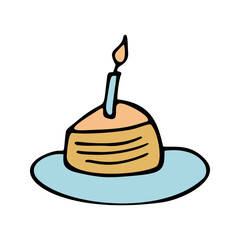 Color hand drawn birthday cake with candles. Doodle vector illustration.