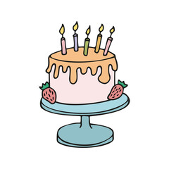 Color hand drawn birthday cake with candles. Doodle vector illustration.