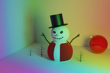 3D render of evil Christmas snowman in rainbow light