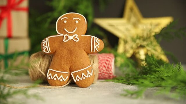 gingerbread christmas cookie new year treat hand painted sweet dessert ginge meal snack on the table copy space food background 