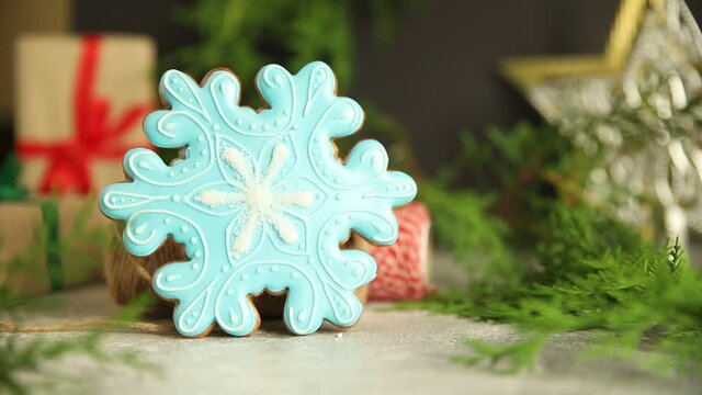 gingerbread christmas cookie new year treat hand painted sweet dessert ginge meal snack on the table copy space food background 