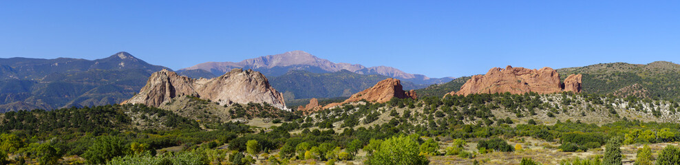 Panorama of the Garden of the Gods with Pikes Peak in the background