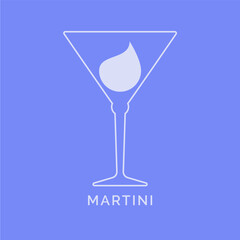 Glass martini with a drop of drink inside. Contour line art in flat style. Restaurant alcoholic illustration for celebration design. Beverage outline icon. Isolated on color background