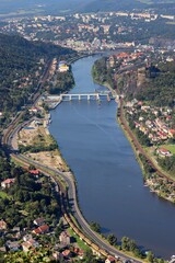 Obraz premium A high angle view to the river Elbe and city Usti nad Labem, Czech republic