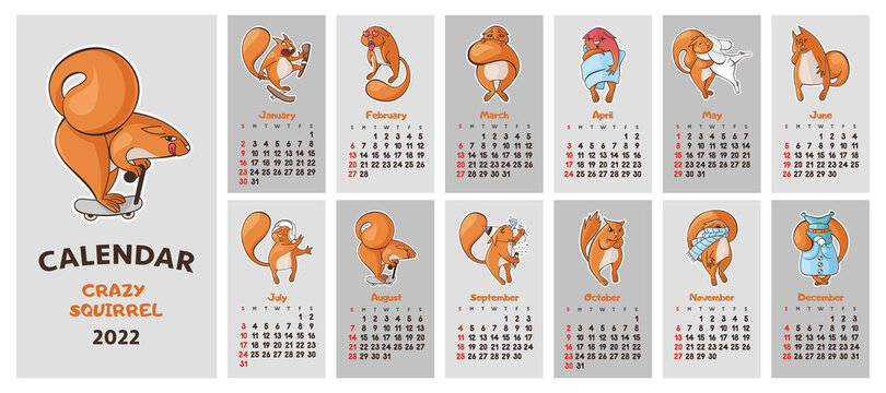 Wall calendar for 2022 crazy squirrel. 12 cartoon squirrels. Week starts on Sunday. Vector, illustration