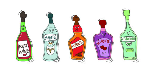 Red wine, martini, whiskey, liquor and vermouth with smile on white background. Cartoon sketch graphic design. Doodle style with black contour line. Cute hand drawn bottle. Party drinks concept.