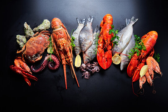 Fresh fish and seafood assortment on black slate background. Top view with copy space
