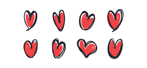 Doodle heart set. Hand drawn collection of hearts. Love symbol grungy sketches.