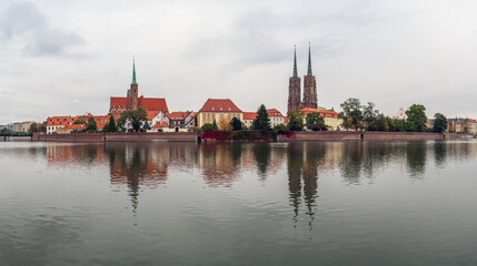 Panoramic view of the oldest part of the city of Wroclaw - Cathedral Island (Ostrow Tumski). Poland.