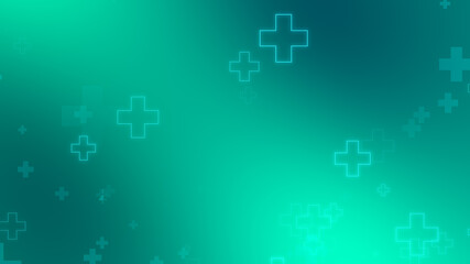 Medical health blue green cross neon light shapes pattern background. Abstract healthcare technology and science concept.