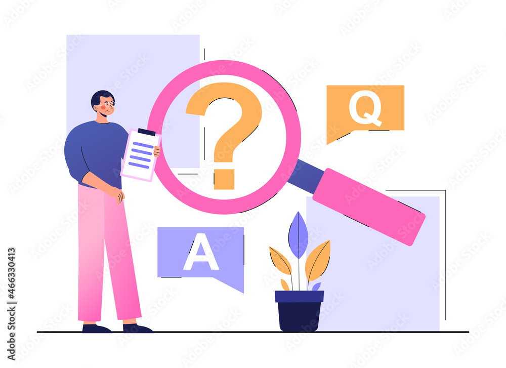 Aufkleber frequently asked questions. man stands next to magnifying glass and question mark. character looking