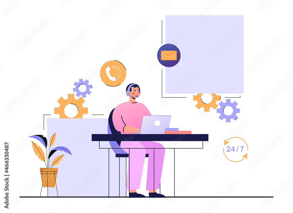 Poster technical support concept. man with headphones sitting at workplace at laptop and taking calls from 