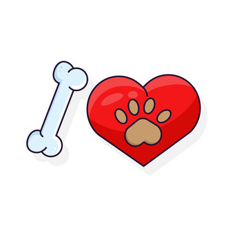 Cartoon like dog concept.dog bone with heart and dog paw Vector Illustration Isolated On white Background