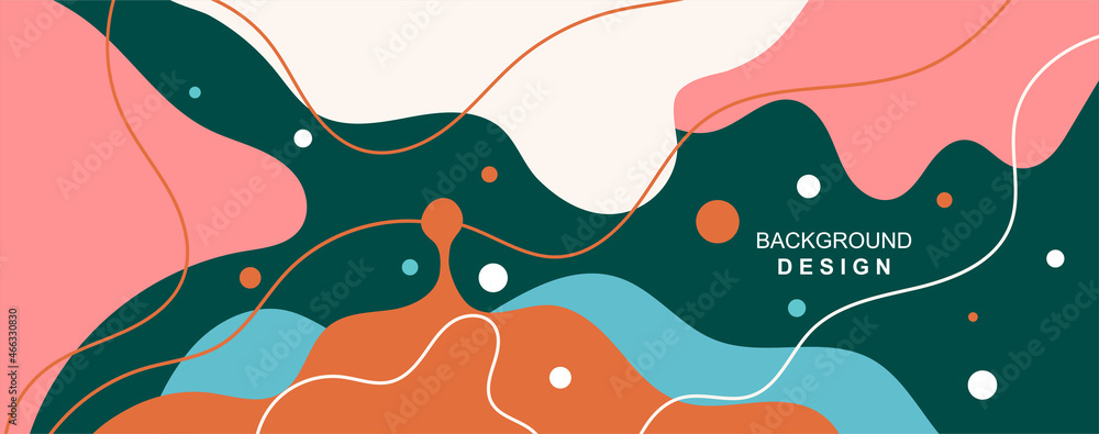 Poster modern background concept. horizontal poster with abstract dynamic shapes, dots, lines and space for