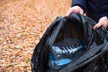 A volunteer man collects trash in the forest. Ecology concept