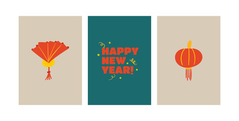Asian lantern and fan. New year and christmas vector greeting cards set. Chinese new year