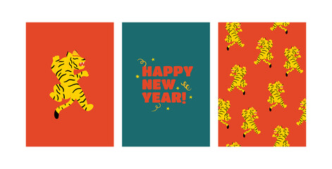 Asian tiger vector illustration and seamless pattern. Set of holiday greeting cards. Year of the tiger. Chinese new year