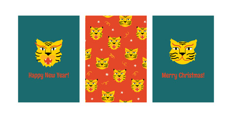 Cute heads of asian tigers. Vector illustrations and seamless pattern. Set of holiday greeting cards. Year of the tiger. Chinese new year