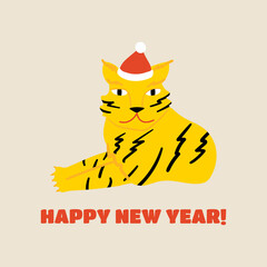 Cute hand drawn vector illustration with asian tiger. Happy new year greeting card. Year of the tiger. Chinese new year