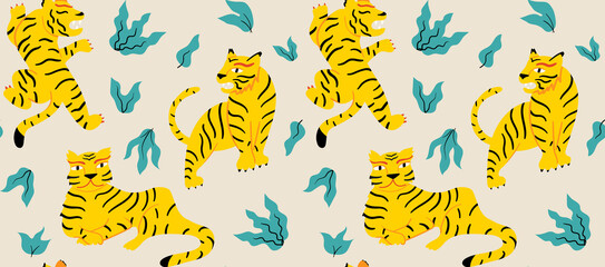Fototapeta na wymiar Tropical seamless pattern with tigers in asian style. Vector beige background