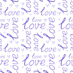 Valentines day seamless pattern with hand written lettering love and with hearts