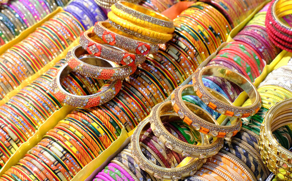 Indian colorful bangles displayed in local shop in a market of Pune, India, These bangles are made of Glass used as beauty accessories by Indian women.