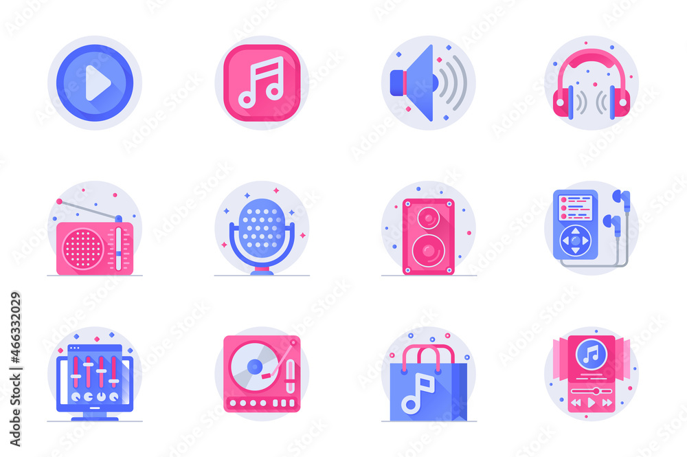 Aufkleber music and radio station concept web flat color icons with shadow set. pack pictograms of volume, mic