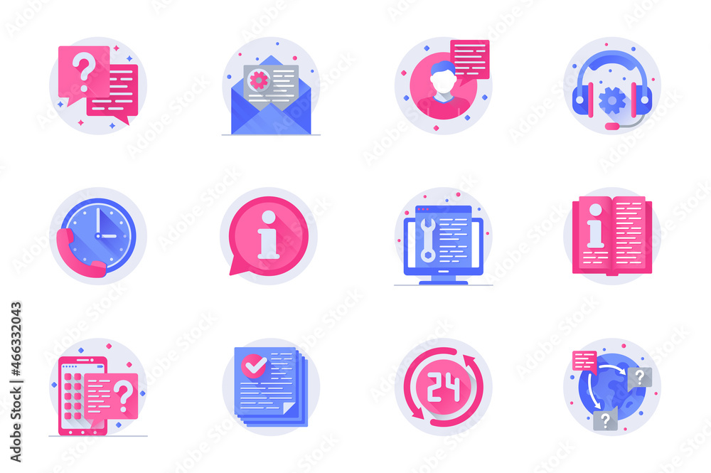 Aufkleber customer support concept web flat color icons with shadow set. pack pictograms of chat, message, ema