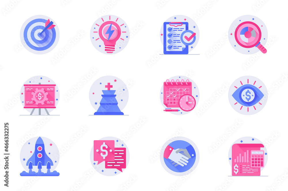Poster business planning concept web flat color icons with shadow set. pack pictograms of target, brainstor