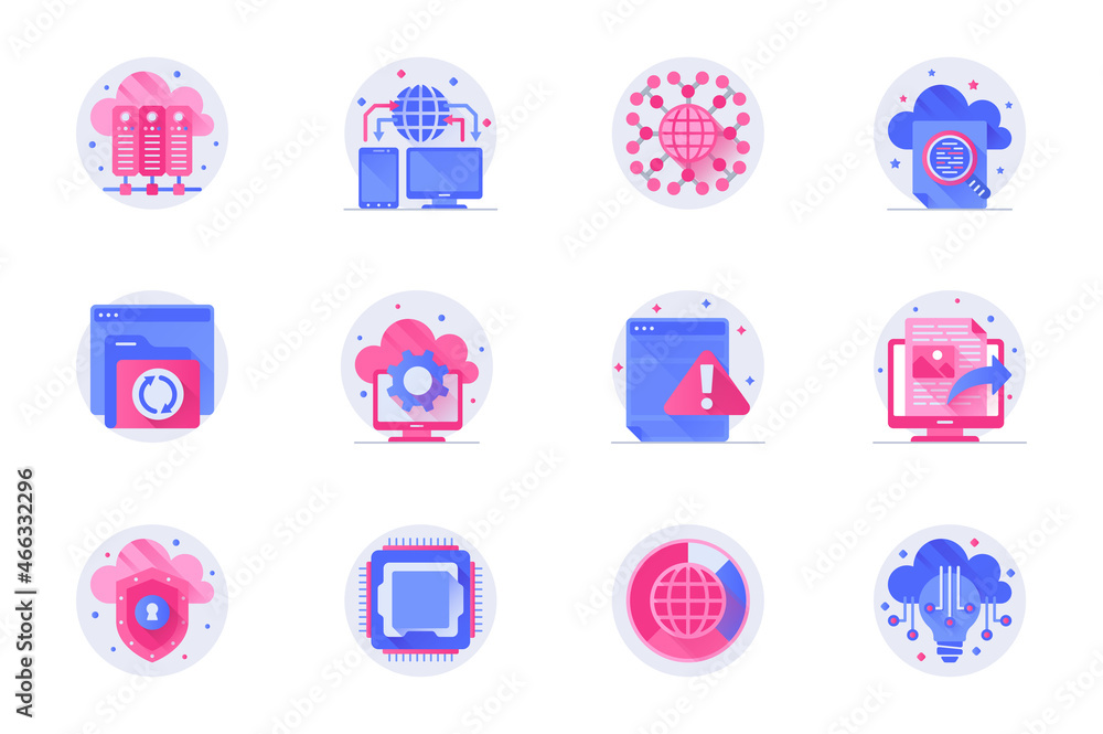 Poster Cloud technology concept web flat color icons with shadow set. Pack pictograms of server racks, storage, processing, protection and other. Vector illustration of symbols for website mobile app design