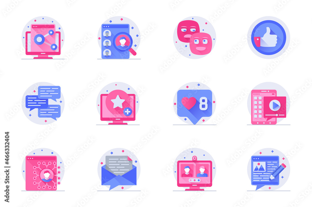 Aufkleber Social media concept web flat color icons with shadow set. Pack pictograms of internet communication, link, profile, like, chat and other. Vector illustration of symbols for website mobile app design