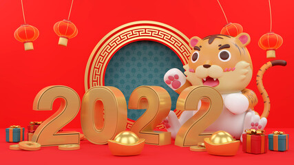 3d Year of the Tiger 2022. 3d rendering tiger and podium with lots of money and gifts behind.
