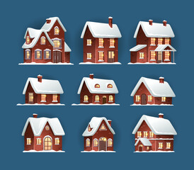 Cozy Christmas houses with snow-covered roofs. Set of different winter brick houses on a blue background for Christmas decorations and designs. Vector illustration 