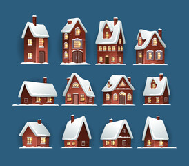 Cozy Christmas houses with snow-covered roofs. Set of different winter brick houses on a blue background for Christmas decorations and designs. Vector illustration 