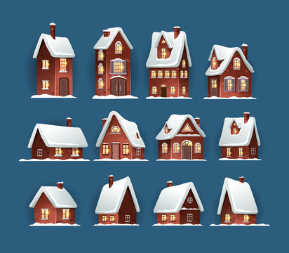 Cozy Christmas Houses With Snow-covered Roofs. Set Of Different Winter Brick Houses On A Blue Background For Christmas Decorations And Designs. Vector Illustration 