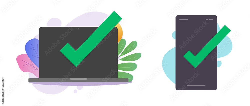 Poster check mark on mobile cell phone vector and checkmark tick choice on laptop computer online cartoon i