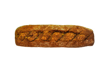 Garlic rye bread. Rye baguette with garlic isolated on a white background, top view. Baked goods with a fragrant garlic filling