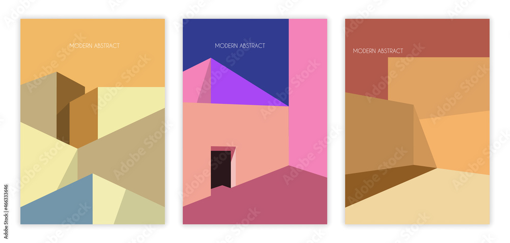 Poster collection of modern posters with buildings. art with abstract architecture of geometric shapes. spa
