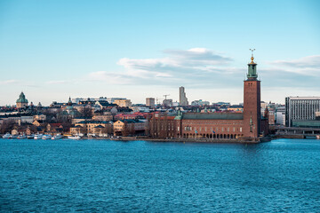 Scenic panorama of the Old Town of Stockholm architecture pier. Gamla Stan