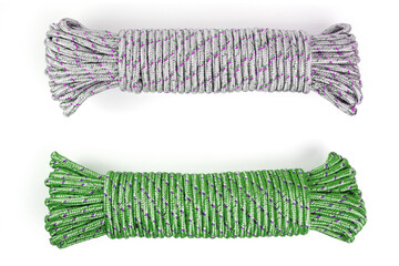 Coiled Nylon Ropes grey and green. Used to store or dry things.