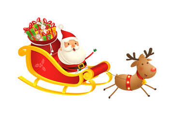 Cute and happy Santa sleigh with Reindeer - vector illustration isolated