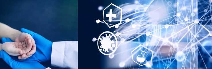 Medical concept. The doctor in gloves holds the patient's hand. The moral help of the doctor to his...