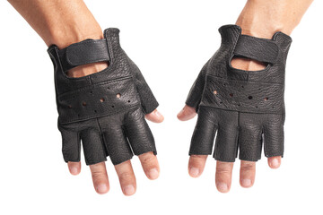 Hands in drivers male leather gloves isolated on a white