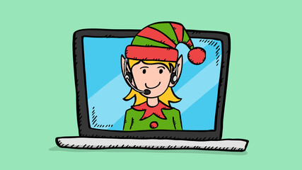 Hand draw vector doodle of Elf girl with headphones on laptop screen. Colorful illustration in sketch style of customer service support.
