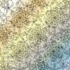 pattern with interesting doodles on colorfil background. Raster illustration.