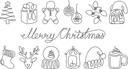 Continuous one line art holidays elements set. Linear style and hand-drawn logo. Merry Christmas and Happy New Year concept.