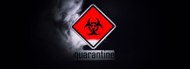 Quarantine. Quarantine warning sign on a glass door in a hospital isolator. Isolation of patients with the virus in special laboratories. Virus.