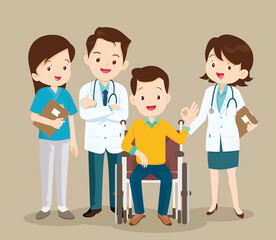 team doctors and male patient in wheelchair