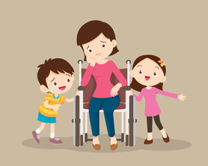 child consoling woman sitting on wheelchair